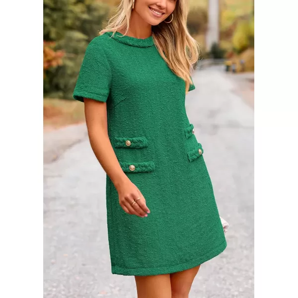 imagePRETTYGARDEN Womens Summer Tweed Short Dress Crewneck Short Sleeve A Line Mini Casual Elegant Cute Party Vintage DressesGreen