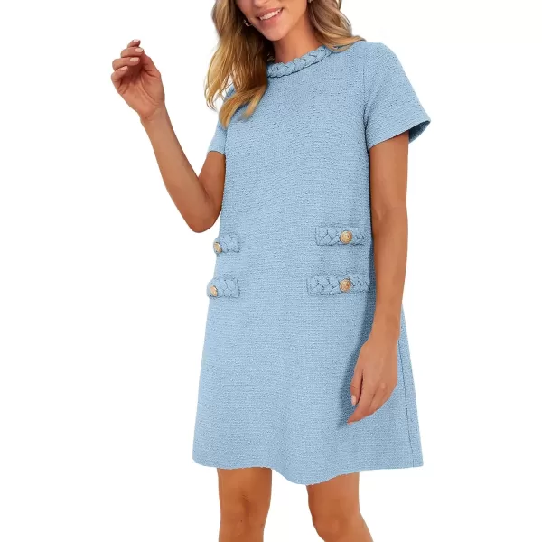 imagePRETTYGARDEN Womens Summer Tweed Short Dress Crewneck Short Sleeve A Line Mini Casual Elegant Cute Party Vintage DressesLight Blue