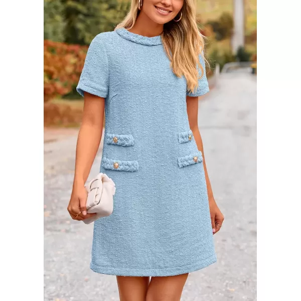 imagePRETTYGARDEN Womens Summer Tweed Short Dress Crewneck Short Sleeve A Line Mini Casual Elegant Cute Party Vintage DressesLight Blue