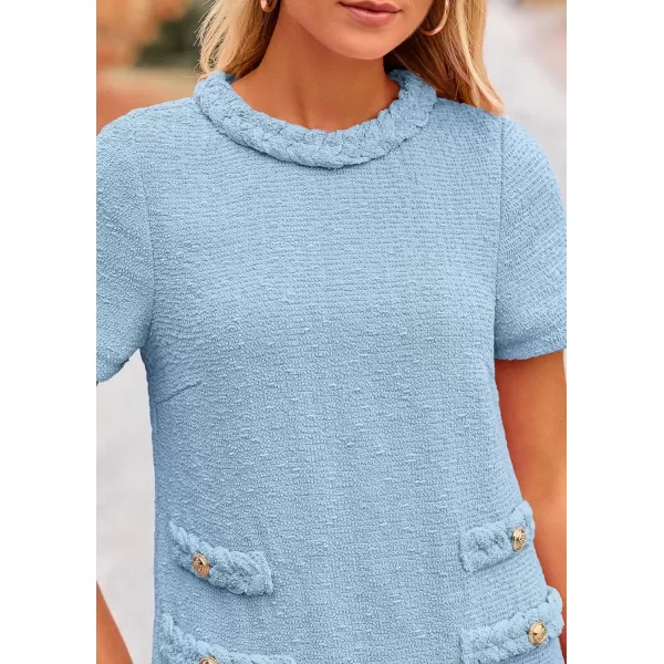 imagePRETTYGARDEN Womens Summer Tweed Short Dress Crewneck Short Sleeve A Line Mini Casual Elegant Cute Party Vintage DressesLight Blue
