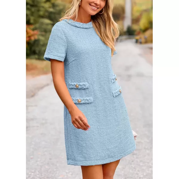 imagePRETTYGARDEN Womens Summer Tweed Short Dress Crewneck Short Sleeve A Line Mini Casual Elegant Cute Party Vintage DressesLight Blue