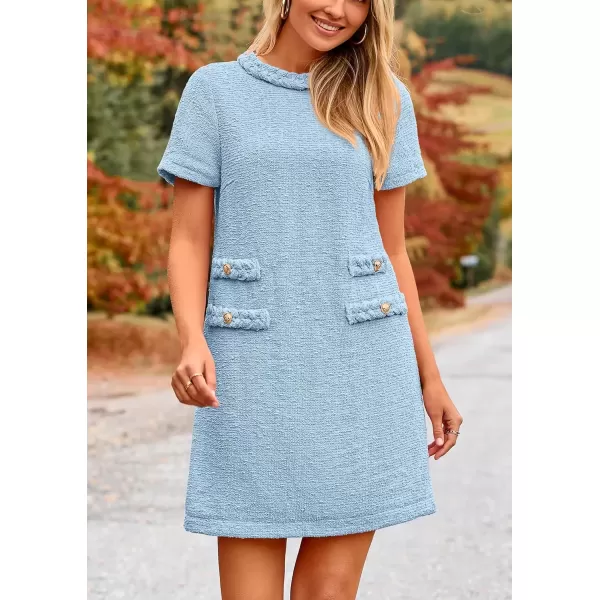 imagePRETTYGARDEN Womens Summer Tweed Short Dress Crewneck Short Sleeve A Line Mini Casual Elegant Cute Party Vintage DressesLight Blue