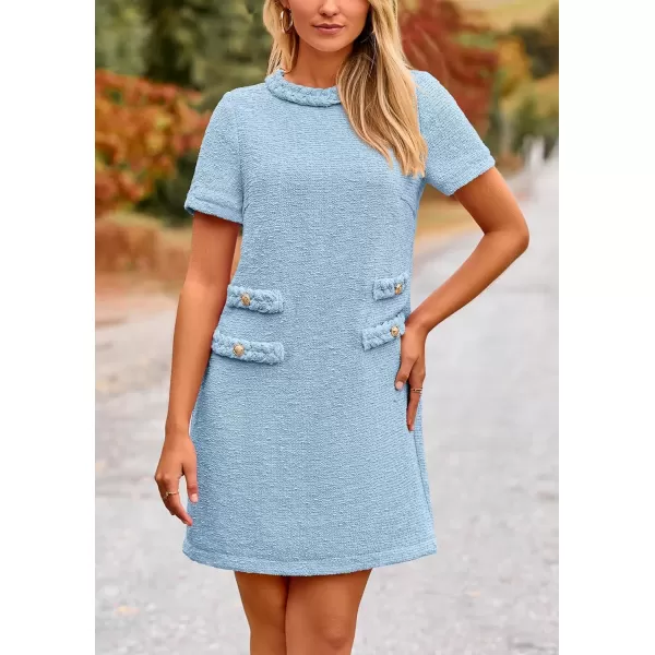 imagePRETTYGARDEN Womens Summer Tweed Short Dress Crewneck Short Sleeve A Line Mini Casual Elegant Cute Party Vintage DressesLight Blue