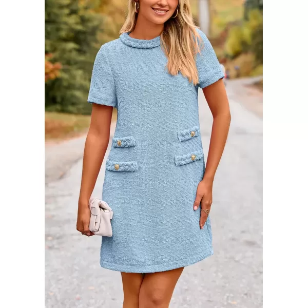 imagePRETTYGARDEN Womens Summer Tweed Short Dress Crewneck Short Sleeve A Line Mini Casual Elegant Cute Party Vintage DressesLight Blue