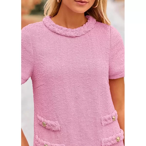 imagePRETTYGARDEN Womens Summer Tweed Short Dress Crewneck Short Sleeve A Line Mini Casual Elegant Cute Party Vintage DressesPink