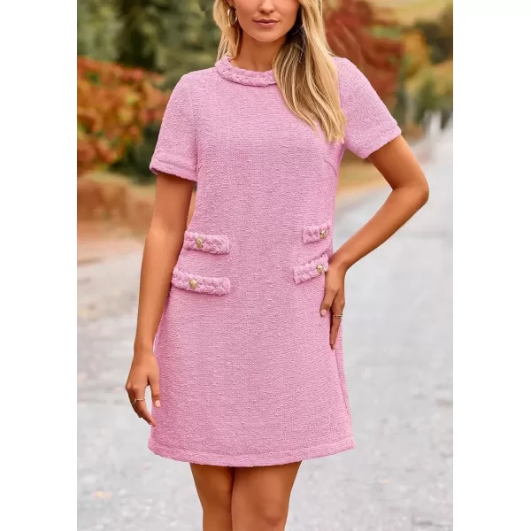 imagePRETTYGARDEN Womens Summer Tweed Short Dress Crewneck Short Sleeve A Line Mini Casual Elegant Cute Party Vintage DressesPink