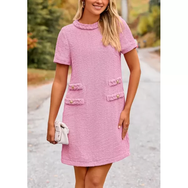 imagePRETTYGARDEN Womens Summer Tweed Short Dress Crewneck Short Sleeve A Line Mini Casual Elegant Cute Party Vintage DressesPink