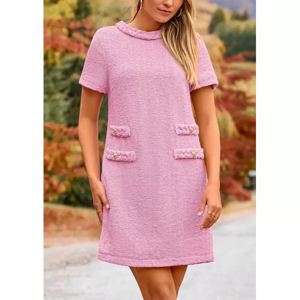 imagePRETTYGARDEN Womens Summer Tweed Short Dress Crewneck Short Sleeve A Line Mini Casual Elegant Cute Party Vintage DressesPink