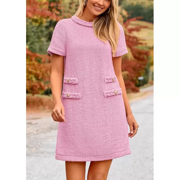 imagePRETTYGARDEN Womens Summer Tweed Short Dress Crewneck Short Sleeve A Line Mini Casual Elegant Cute Party Vintage DressesPink