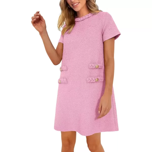 imagePRETTYGARDEN Womens Summer Tweed Short Dress Crewneck Short Sleeve A Line Mini Casual Elegant Cute Party Vintage DressesPink