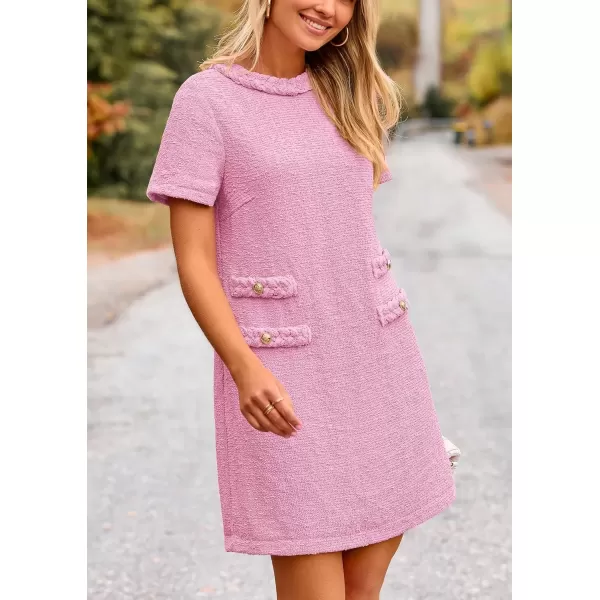 imagePRETTYGARDEN Womens Summer Tweed Short Dress Crewneck Short Sleeve A Line Mini Casual Elegant Cute Party Vintage DressesPink