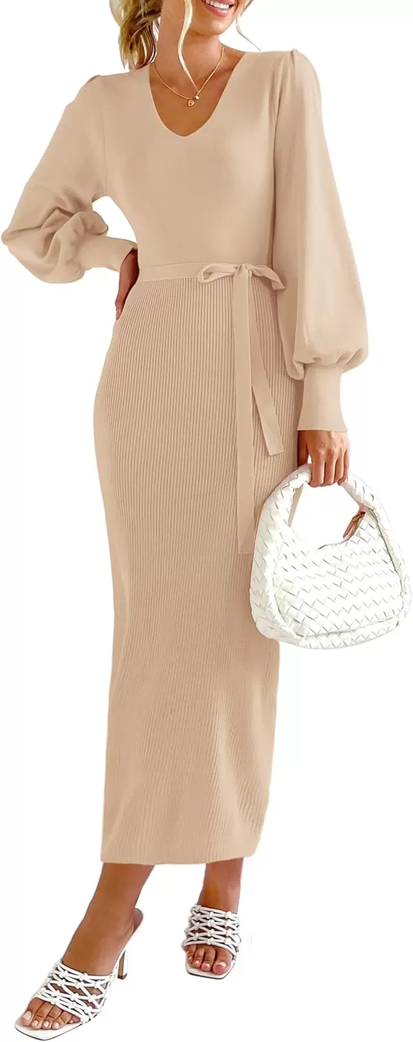 imagePRETTYGARDEN Womens 2024 Fall Knit Pullover Sweater Elegant Long Lantern Sleeve V Neck Maxi DressApricot