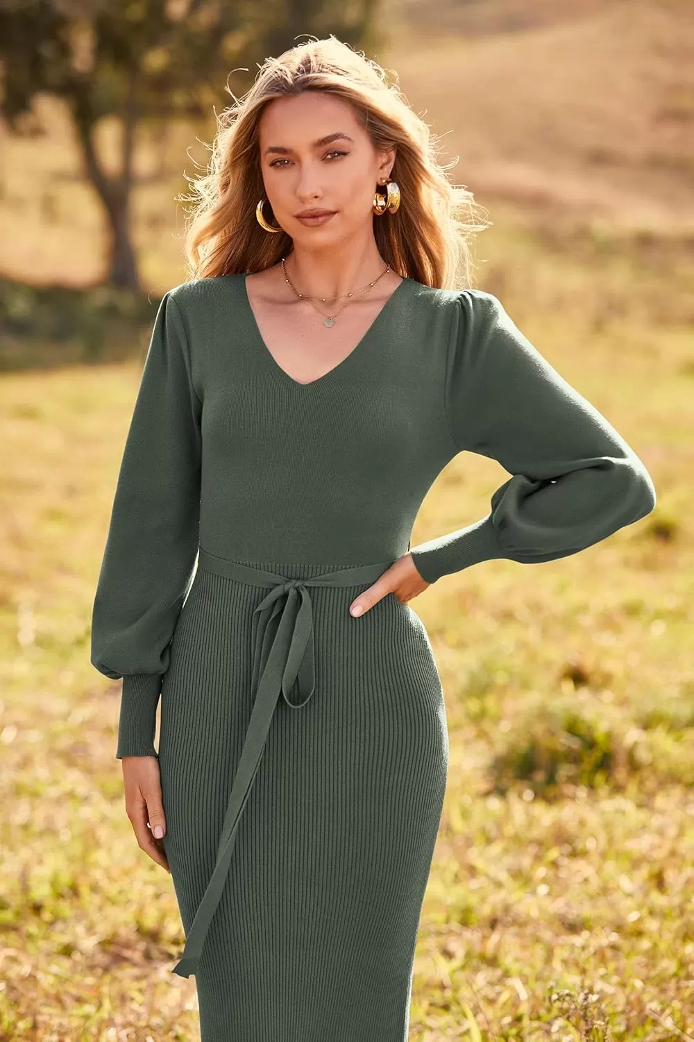imagePRETTYGARDEN Womens 2024 Fall Knit Pullover Sweater Elegant Long Lantern Sleeve V Neck Maxi DressArmy Green