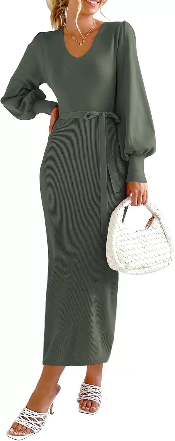 imagePRETTYGARDEN Womens 2024 Fall Knit Pullover Sweater Elegant Long Lantern Sleeve V Neck Maxi DressArmy Green