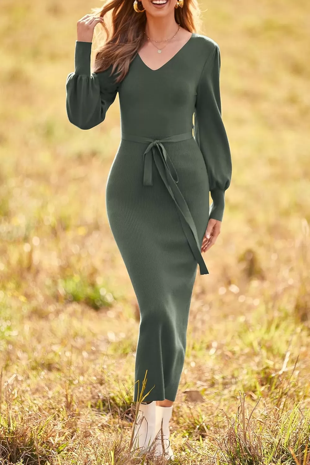imagePRETTYGARDEN Womens 2024 Fall Knit Pullover Sweater Elegant Long Lantern Sleeve V Neck Maxi DressArmy Green