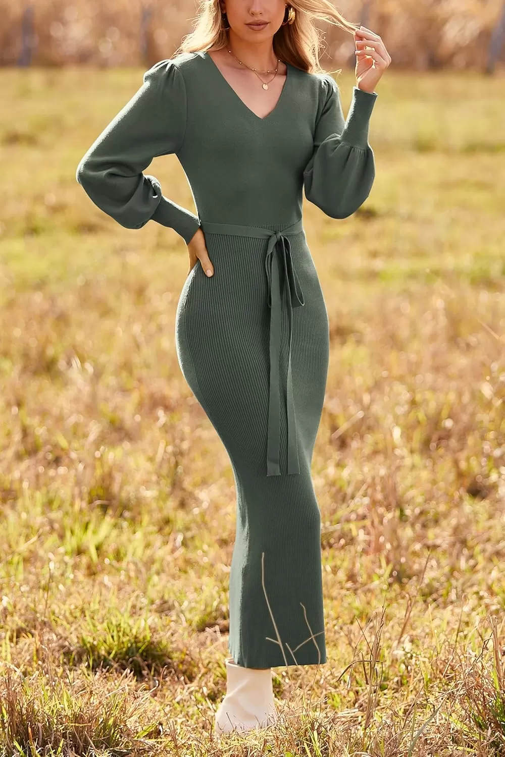 imagePRETTYGARDEN Womens 2024 Fall Knit Pullover Sweater Elegant Long Lantern Sleeve V Neck Maxi DressArmy Green