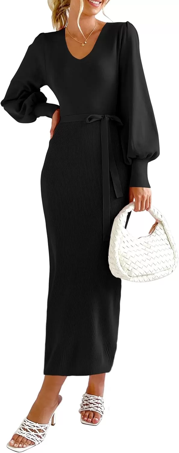 imagePRETTYGARDEN Womens 2024 Fall Knit Pullover Sweater Elegant Long Lantern Sleeve V Neck Maxi DressBlack