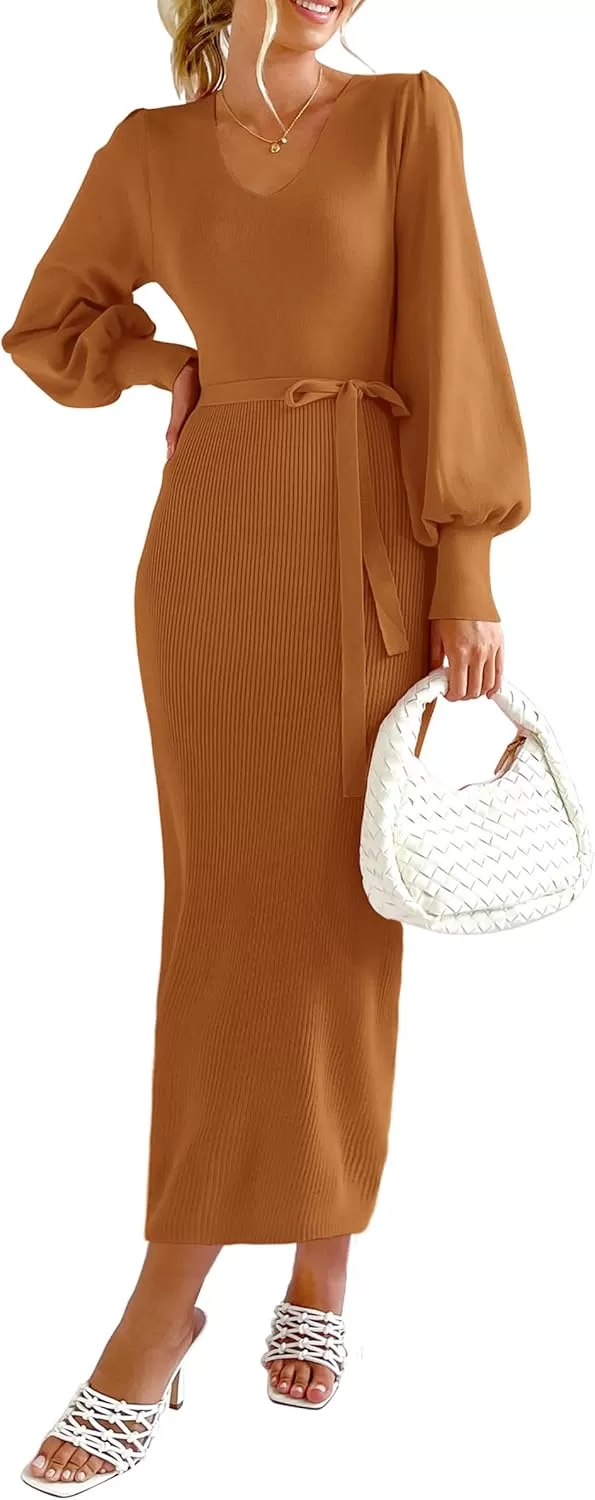imagePRETTYGARDEN Womens 2024 Fall Knit Pullover Sweater Elegant Long Lantern Sleeve V Neck Maxi DressCamel