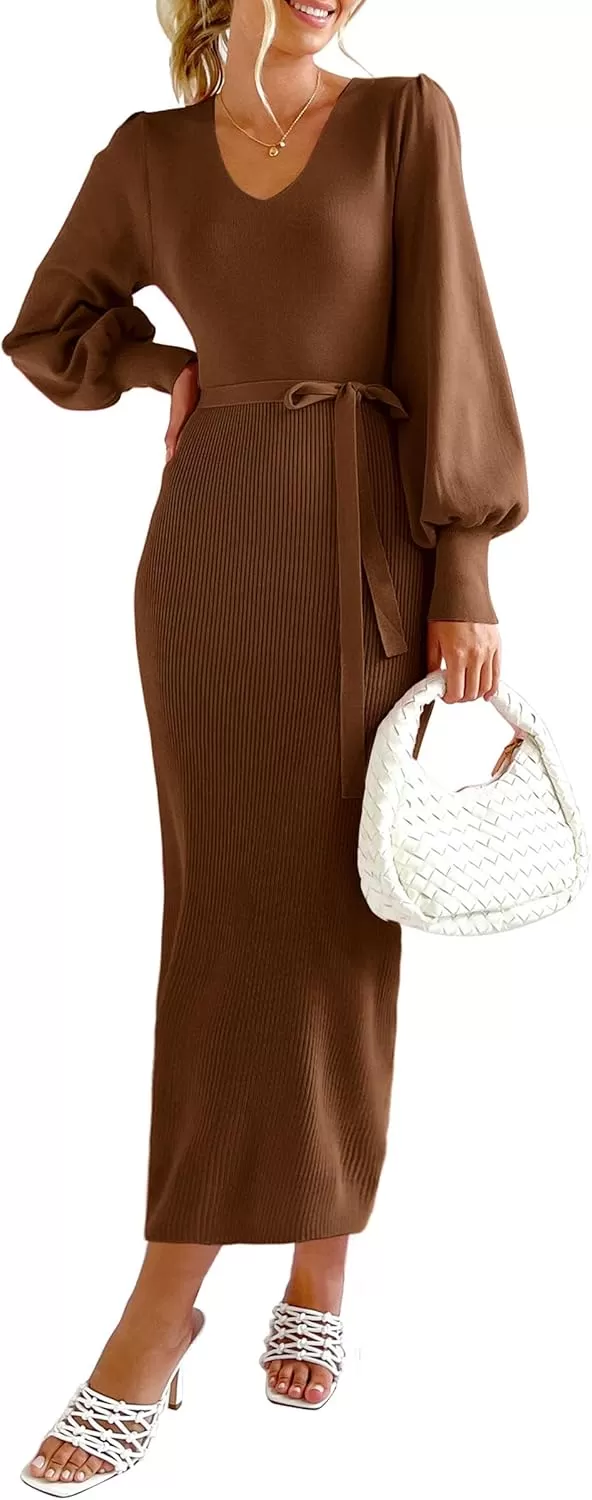 imagePRETTYGARDEN Womens 2024 Fall Knit Pullover Sweater Elegant Long Lantern Sleeve V Neck Maxi DressCoffee