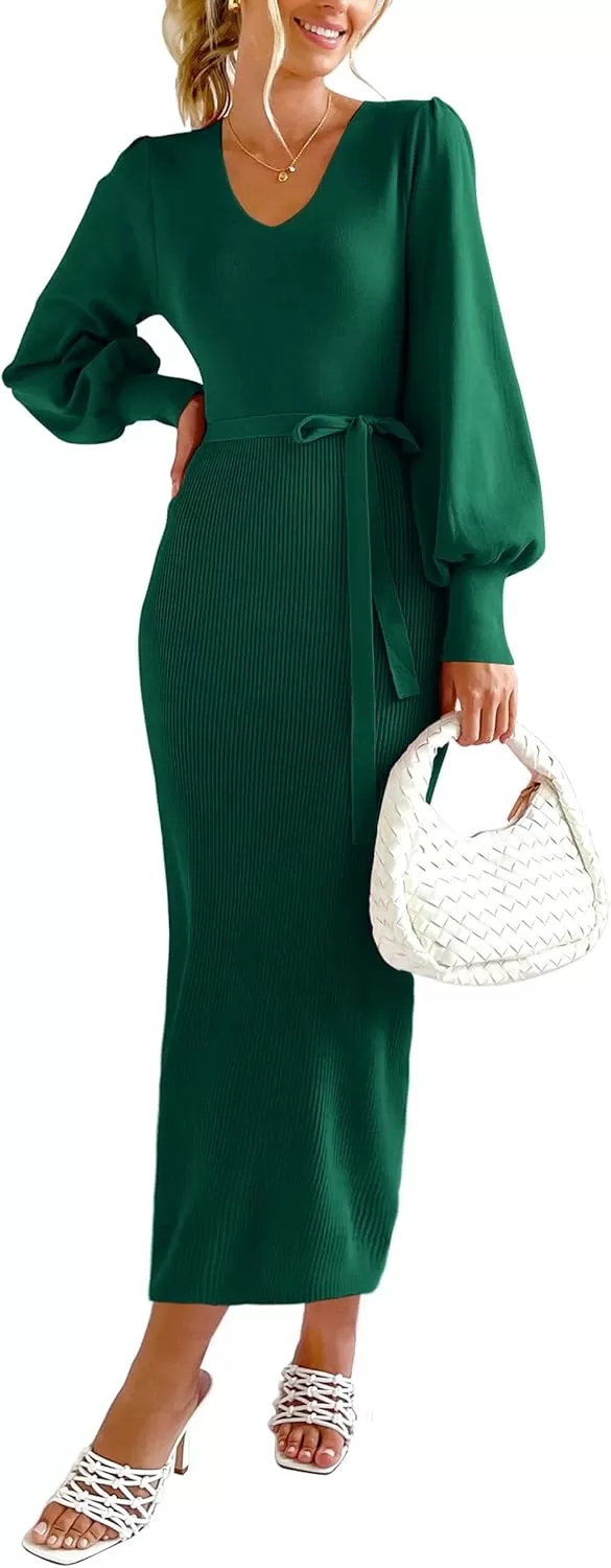 imagePRETTYGARDEN Womens 2024 Fall Knit Pullover Sweater Elegant Long Lantern Sleeve V Neck Maxi DressDark Green