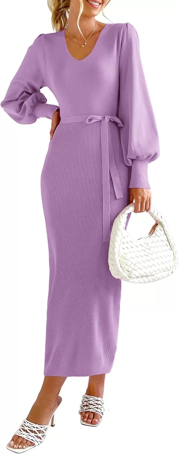 imagePRETTYGARDEN Womens 2024 Fall Knit Pullover Sweater Elegant Long Lantern Sleeve V Neck Maxi DressLight Purple