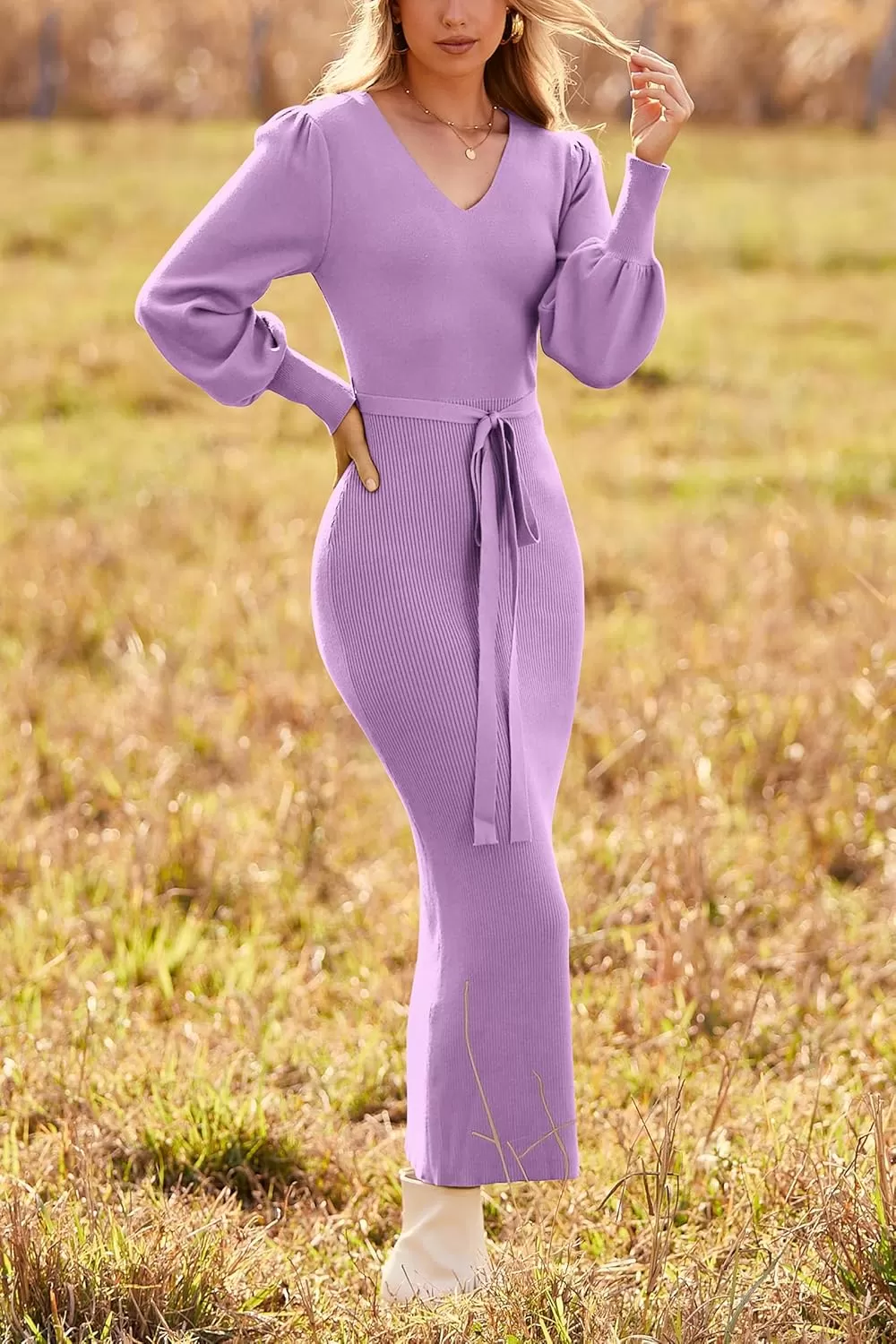 imagePRETTYGARDEN Womens 2024 Fall Knit Pullover Sweater Elegant Long Lantern Sleeve V Neck Maxi DressLight Purple