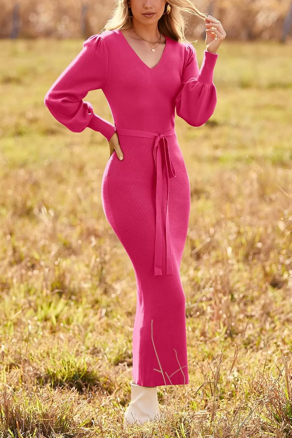 imagePRETTYGARDEN Womens 2024 Fall Knit Pullover Sweater Elegant Long Lantern Sleeve V Neck Maxi DressRose Red