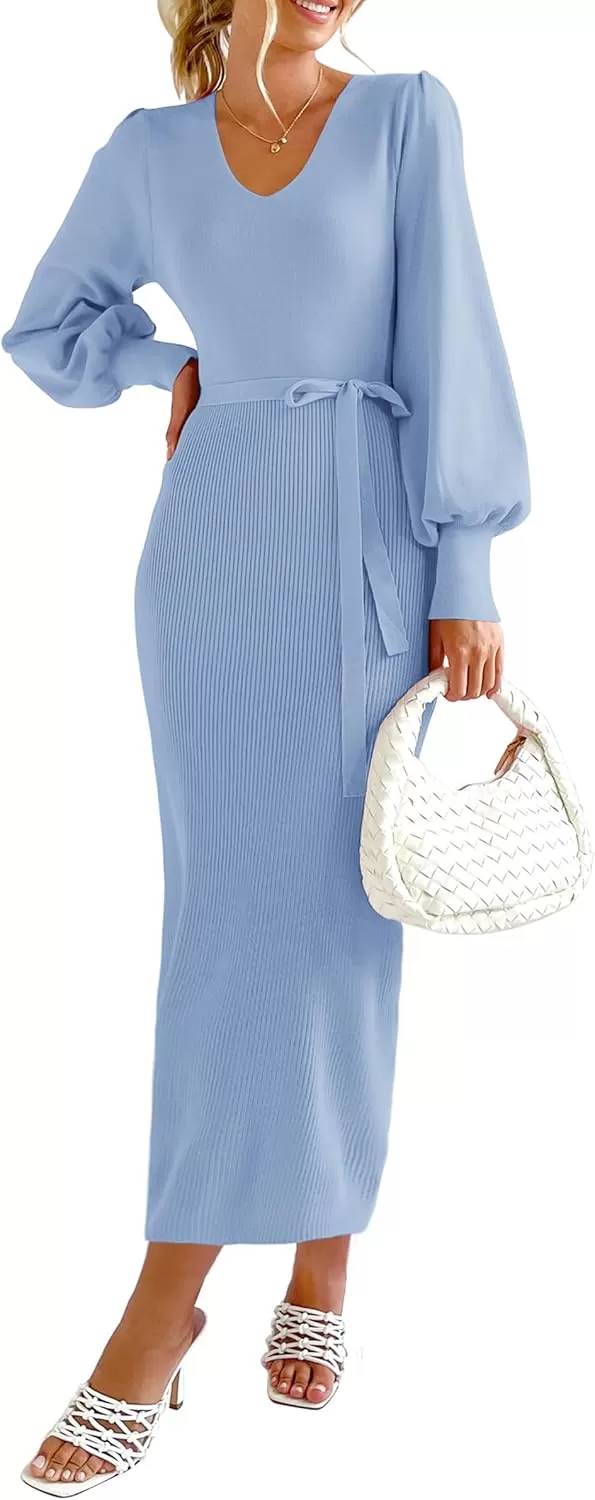 imagePRETTYGARDEN Womens 2024 Fall Knit Pullover Sweater Elegant Long Lantern Sleeve V Neck Maxi DressSky Blue