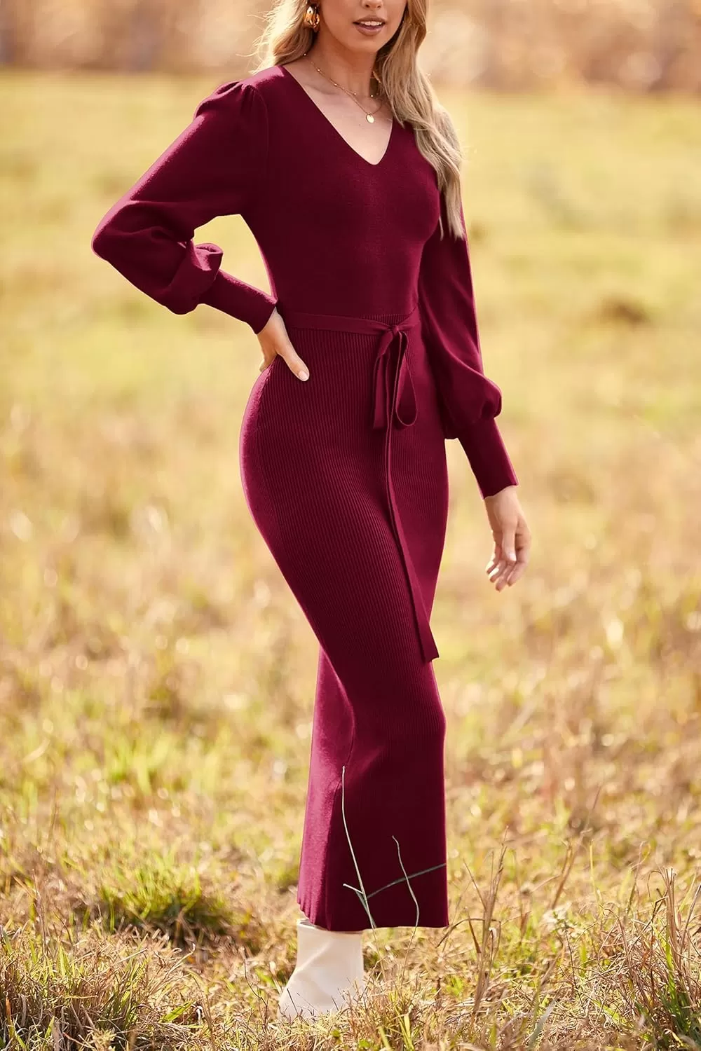 imagePRETTYGARDEN Womens 2024 Fall Knit Pullover Sweater Elegant Long Lantern Sleeve V Neck Maxi DressWine Red