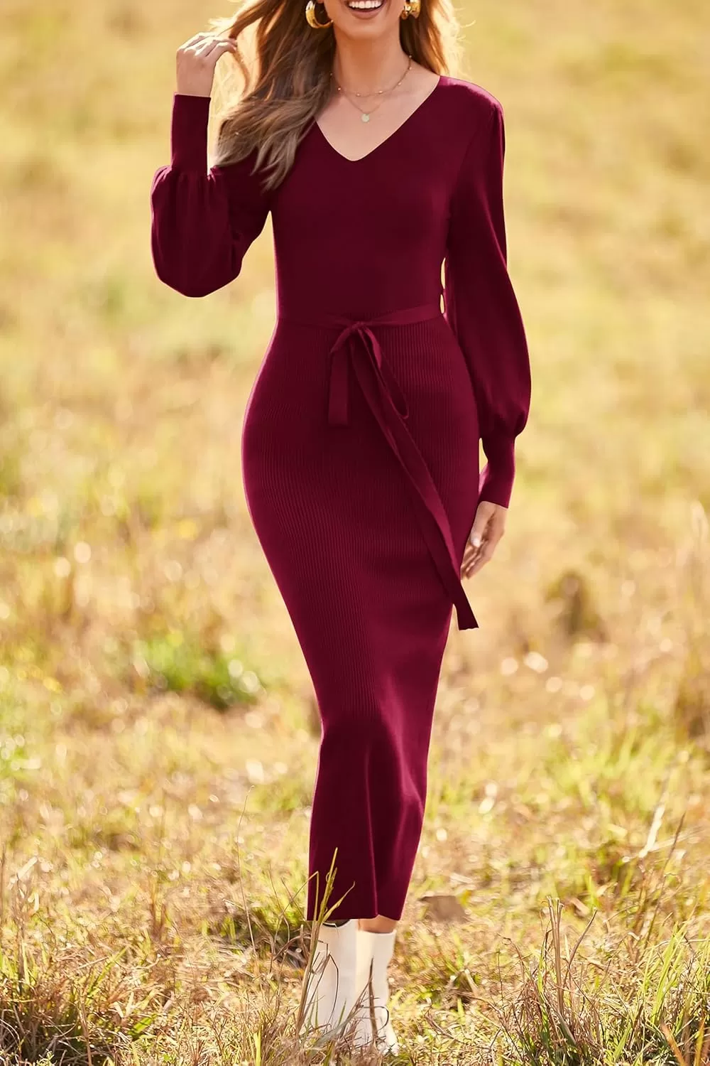 imagePRETTYGARDEN Womens 2024 Fall Knit Pullover Sweater Elegant Long Lantern Sleeve V Neck Maxi DressWine Red
