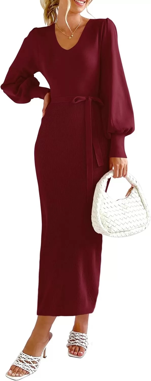 imagePRETTYGARDEN Womens 2024 Fall Knit Pullover Sweater Elegant Long Lantern Sleeve V Neck Maxi DressWine Red