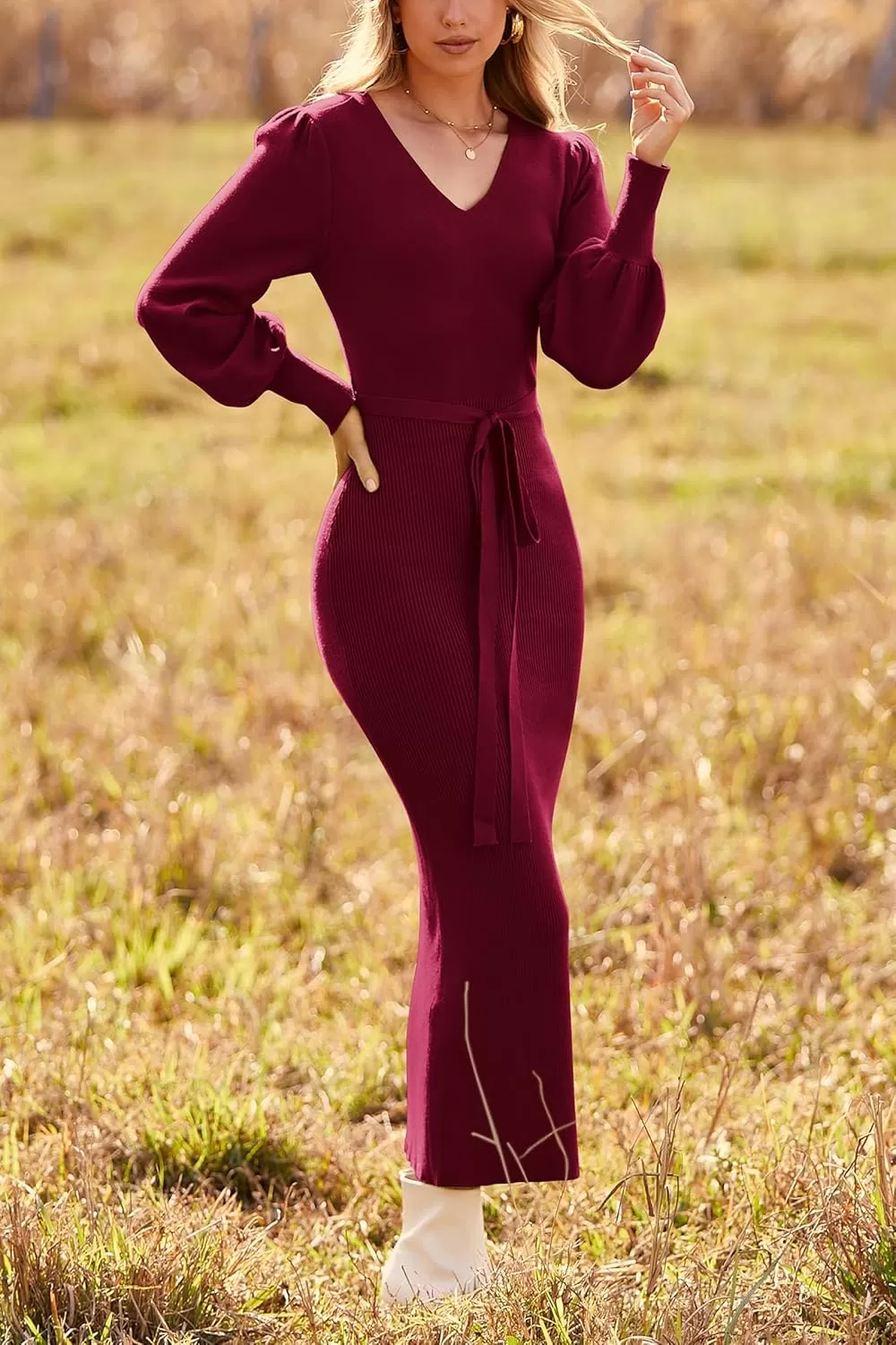 imagePRETTYGARDEN Womens 2024 Fall Knit Pullover Sweater Elegant Long Lantern Sleeve V Neck Maxi DressWine Red