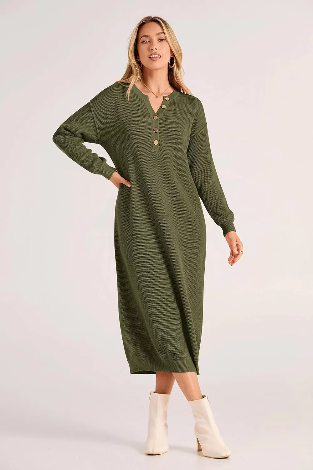 imagePRETTYGARDEN Womens 2024 Fall Knit Sweater Dress Long Sleeve Button V Neck Loose Casual Maxi DressesArmy Green