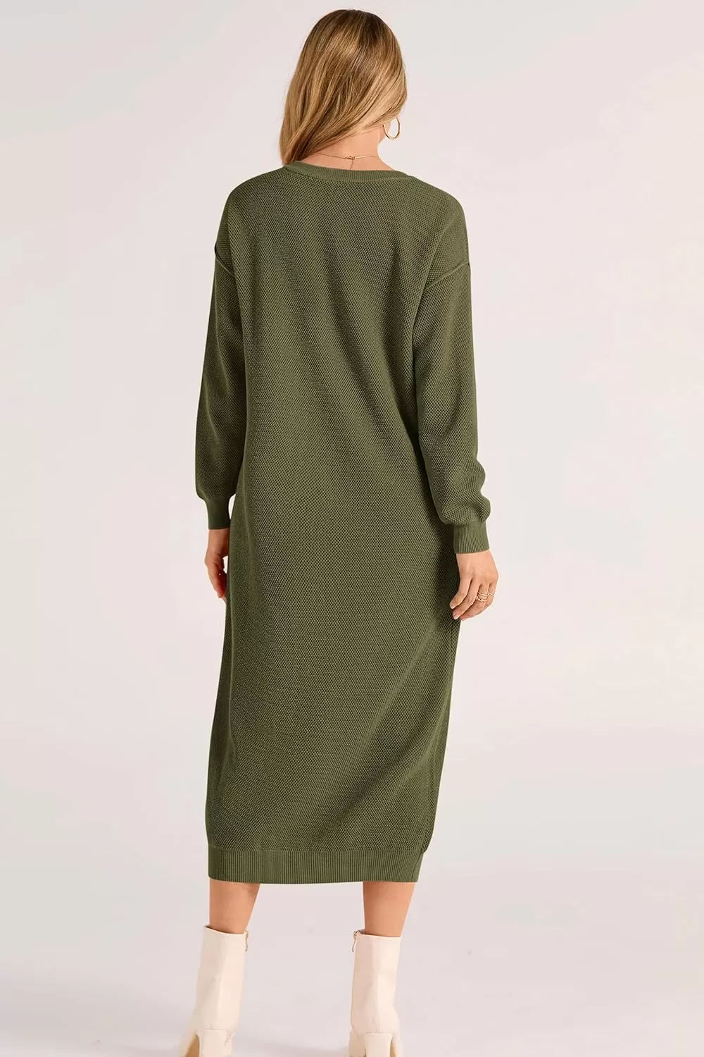 imagePRETTYGARDEN Womens 2024 Fall Knit Sweater Dress Long Sleeve Button V Neck Loose Casual Maxi DressesArmy Green