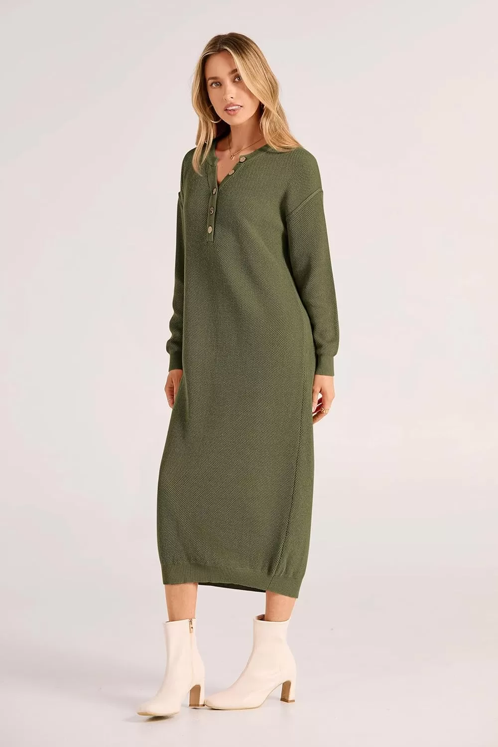 imagePRETTYGARDEN Womens 2024 Fall Knit Sweater Dress Long Sleeve Button V Neck Loose Casual Maxi DressesArmy Green