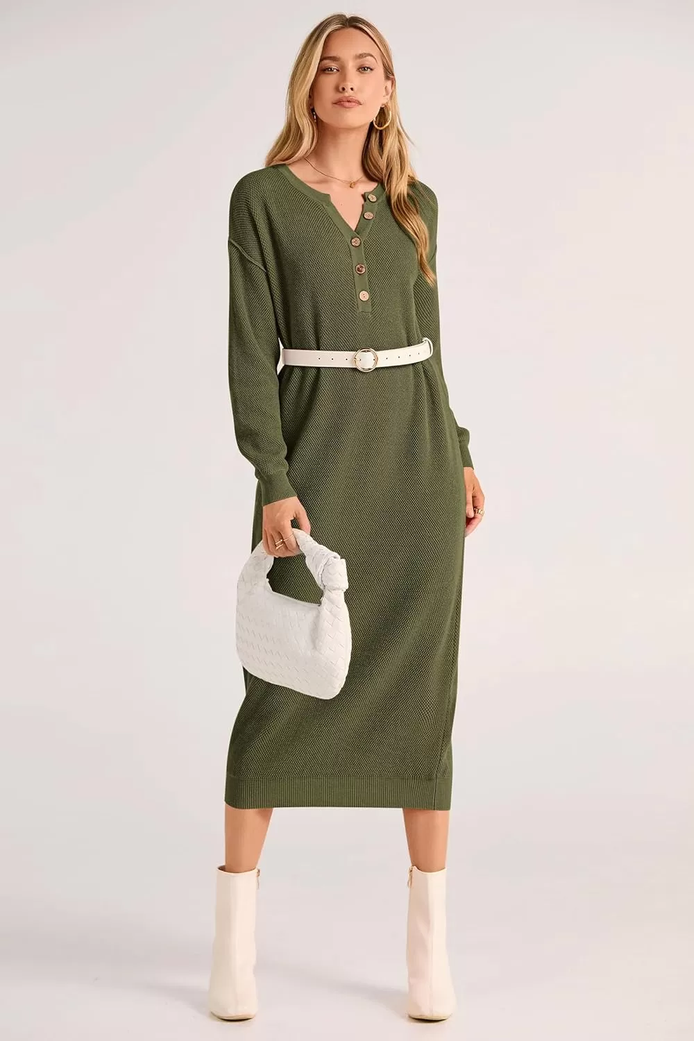 imagePRETTYGARDEN Womens 2024 Fall Knit Sweater Dress Long Sleeve Button V Neck Loose Casual Maxi DressesArmy Green