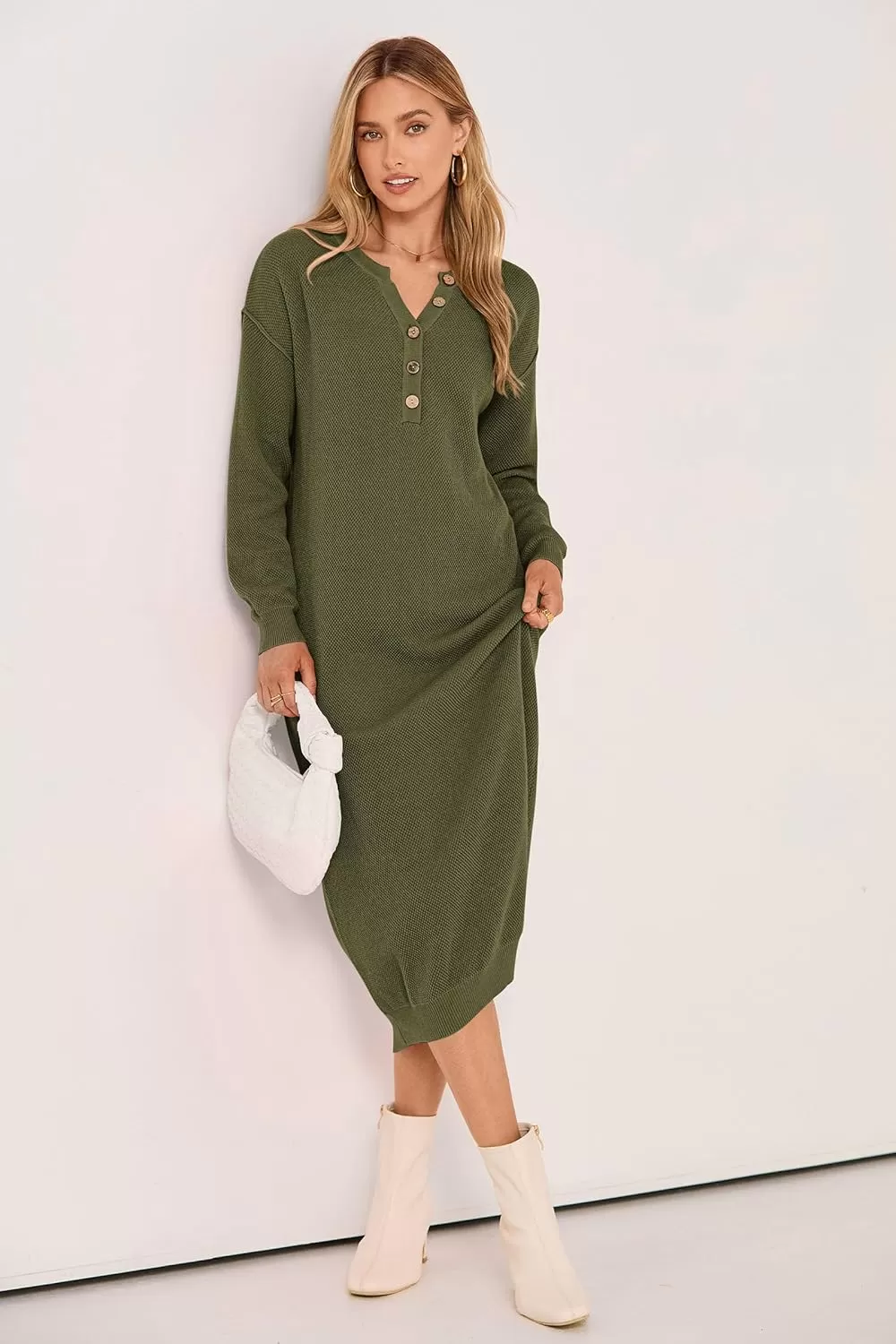 imagePRETTYGARDEN Womens 2024 Fall Knit Sweater Dress Long Sleeve Button V Neck Loose Casual Maxi DressesArmy Green