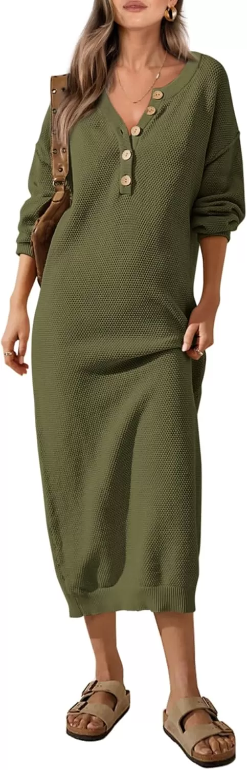 imagePRETTYGARDEN Womens 2024 Fall Knit Sweater Dress Long Sleeve Button V Neck Loose Casual Maxi DressesArmy Green