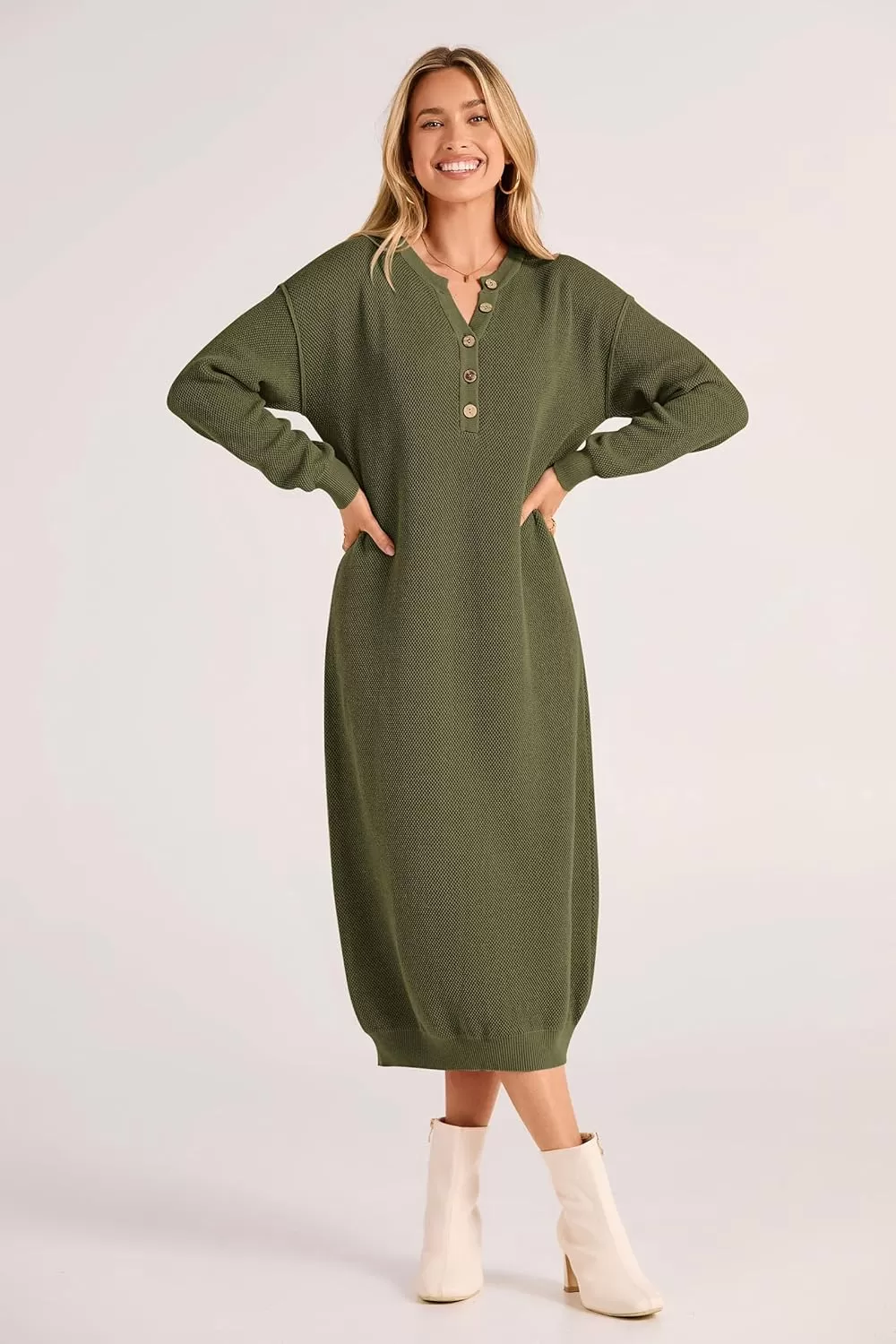 imagePRETTYGARDEN Womens 2024 Fall Knit Sweater Dress Long Sleeve Button V Neck Loose Casual Maxi DressesArmy Green