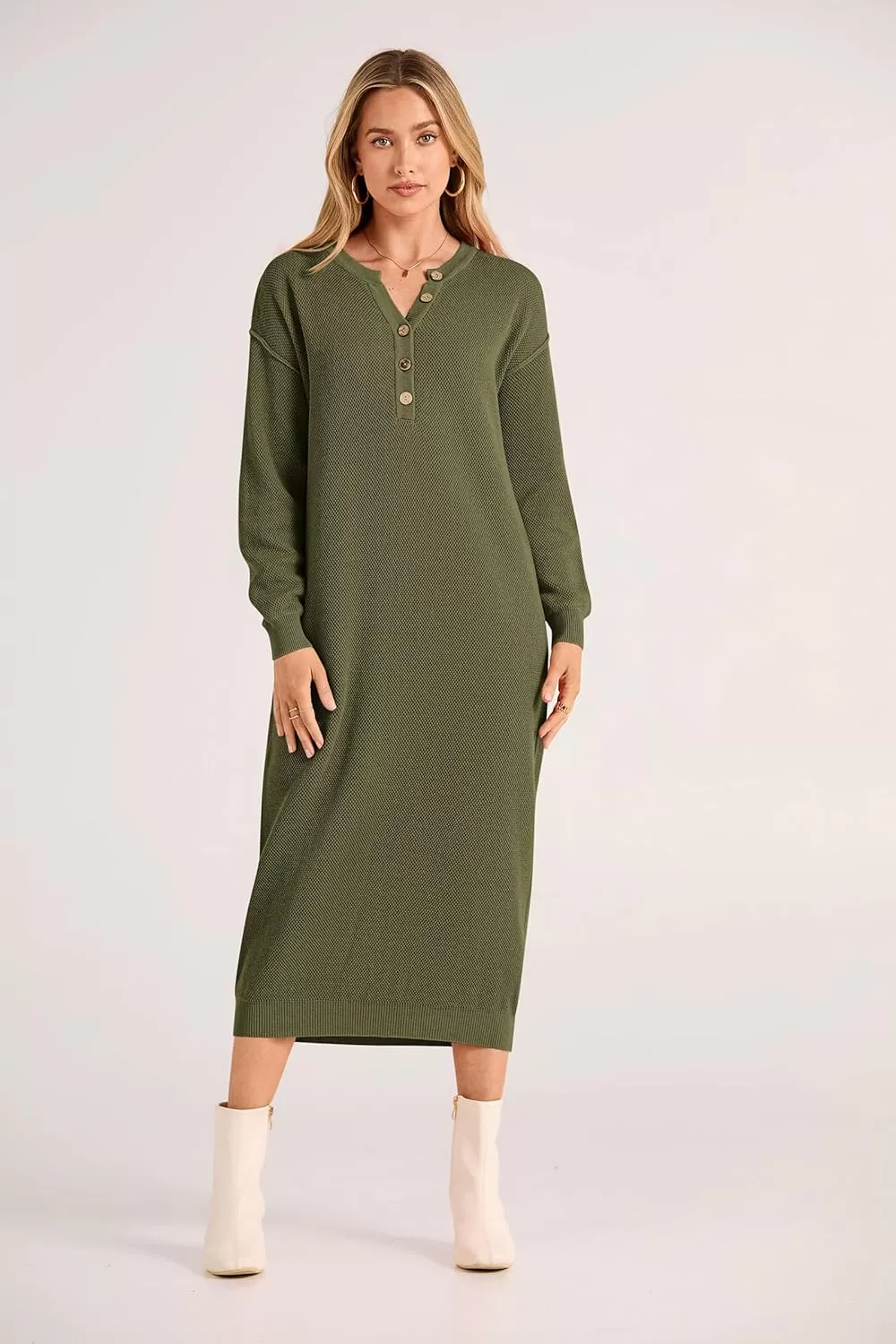 imagePRETTYGARDEN Womens 2024 Fall Knit Sweater Dress Long Sleeve Button V Neck Loose Casual Maxi DressesArmy Green
