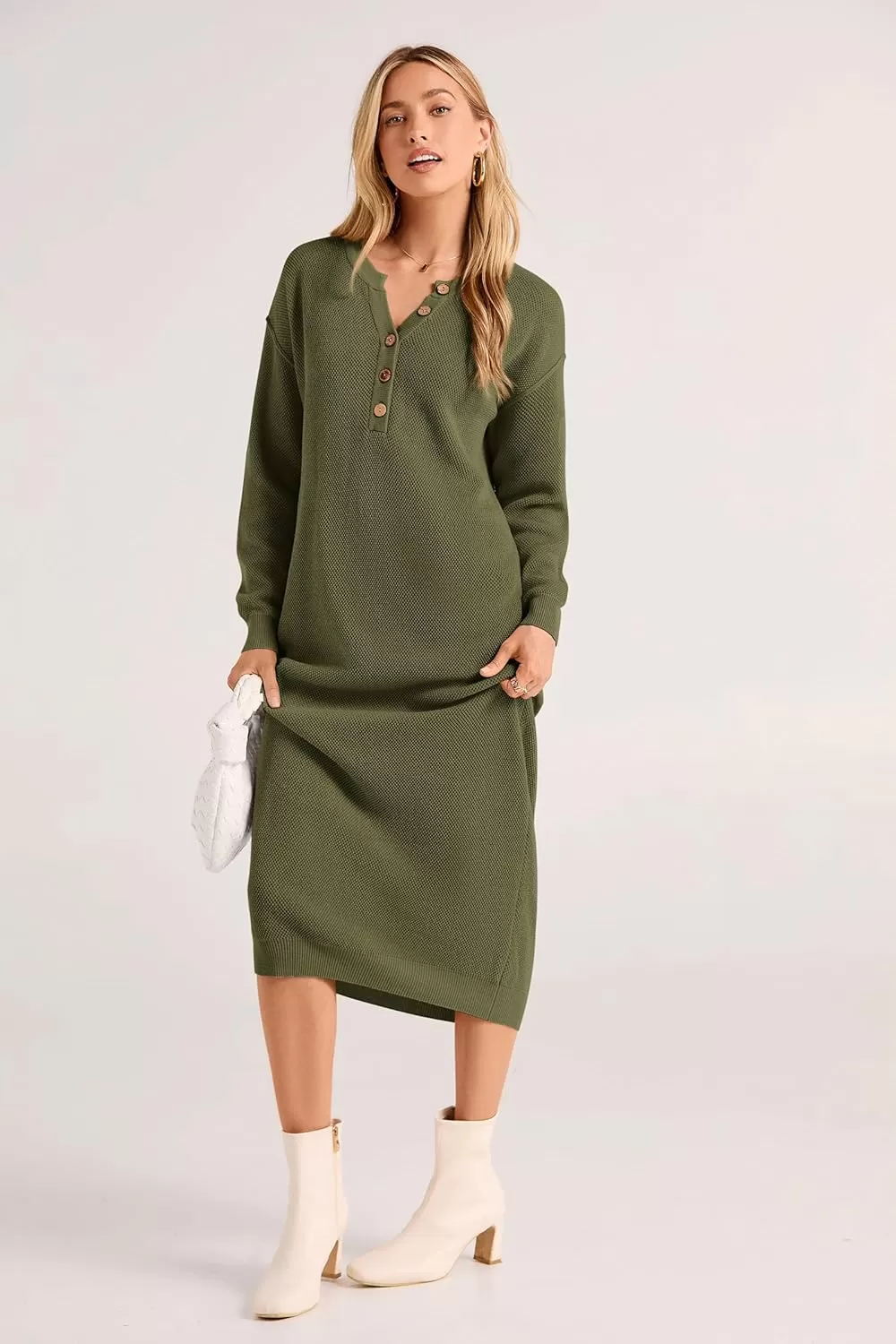 imagePRETTYGARDEN Womens 2024 Fall Knit Sweater Dress Long Sleeve Button V Neck Loose Casual Maxi DressesArmy Green
