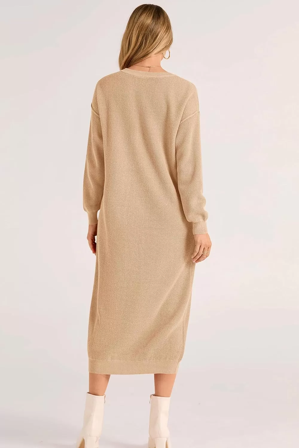 imagePRETTYGARDEN Womens 2024 Fall Knit Sweater Dress Long Sleeve Button V Neck Loose Casual Maxi DressesBeige