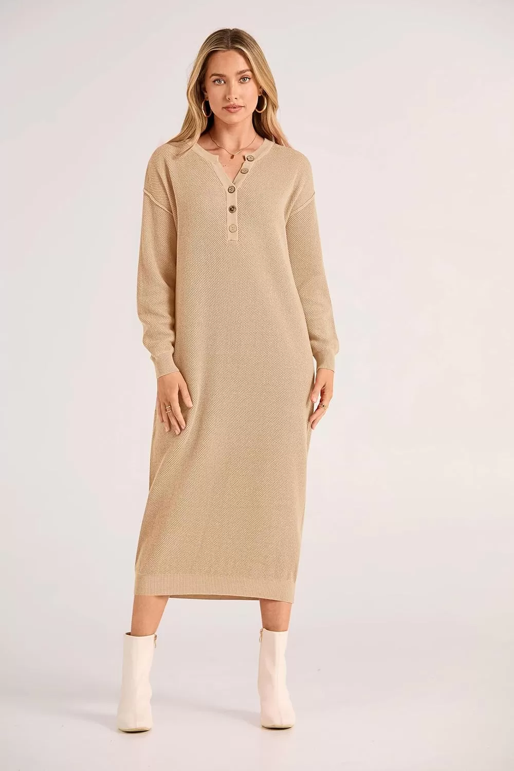 imagePRETTYGARDEN Womens 2024 Fall Knit Sweater Dress Long Sleeve Button V Neck Loose Casual Maxi DressesBeige
