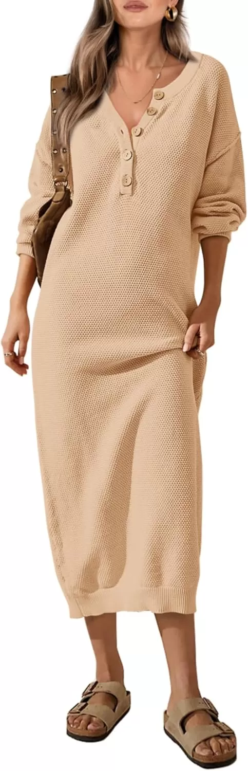 imagePRETTYGARDEN Womens 2024 Fall Knit Sweater Dress Long Sleeve Button V Neck Loose Casual Maxi DressesBeige