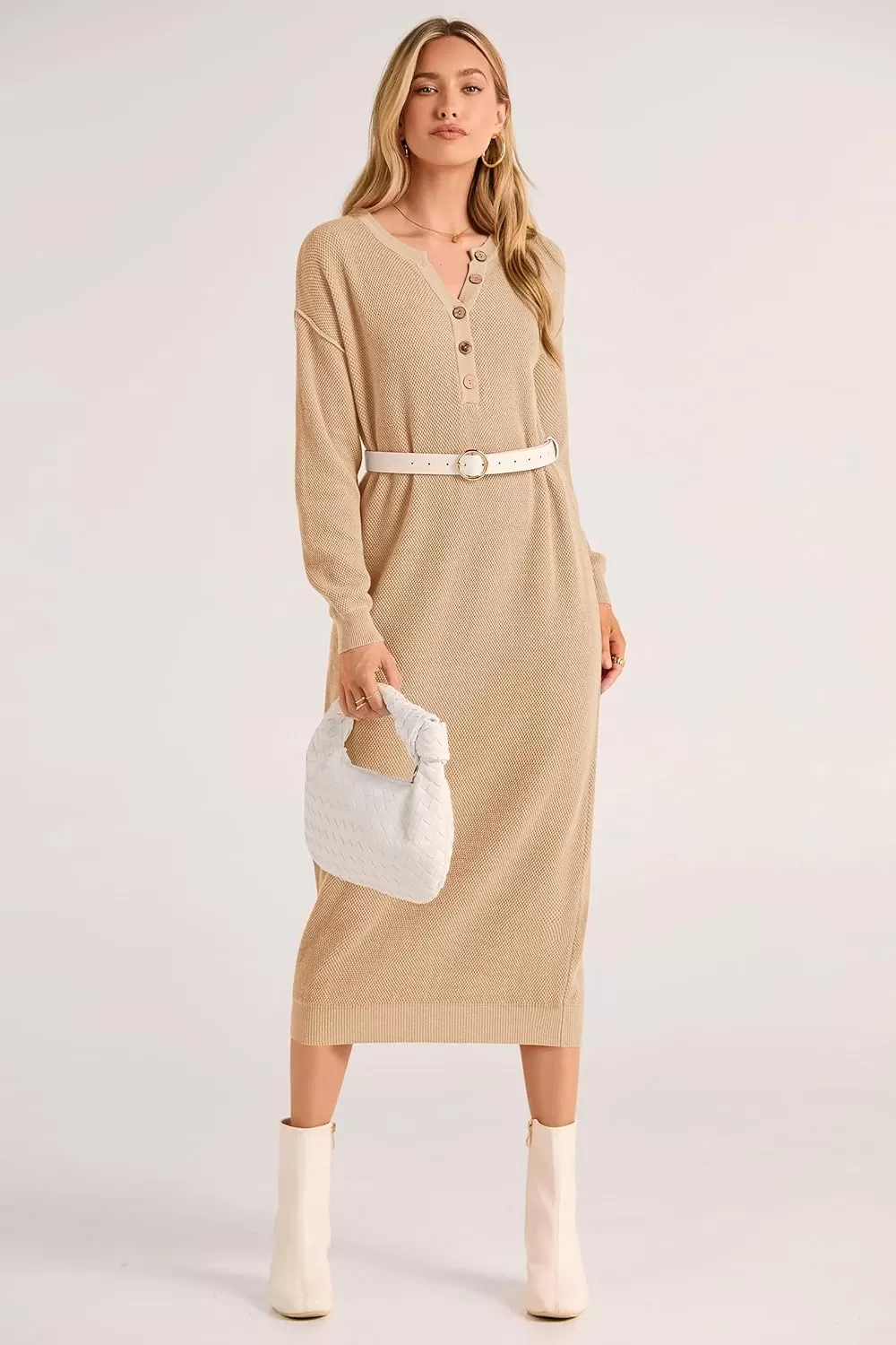 imagePRETTYGARDEN Womens 2024 Fall Knit Sweater Dress Long Sleeve Button V Neck Loose Casual Maxi DressesBeige