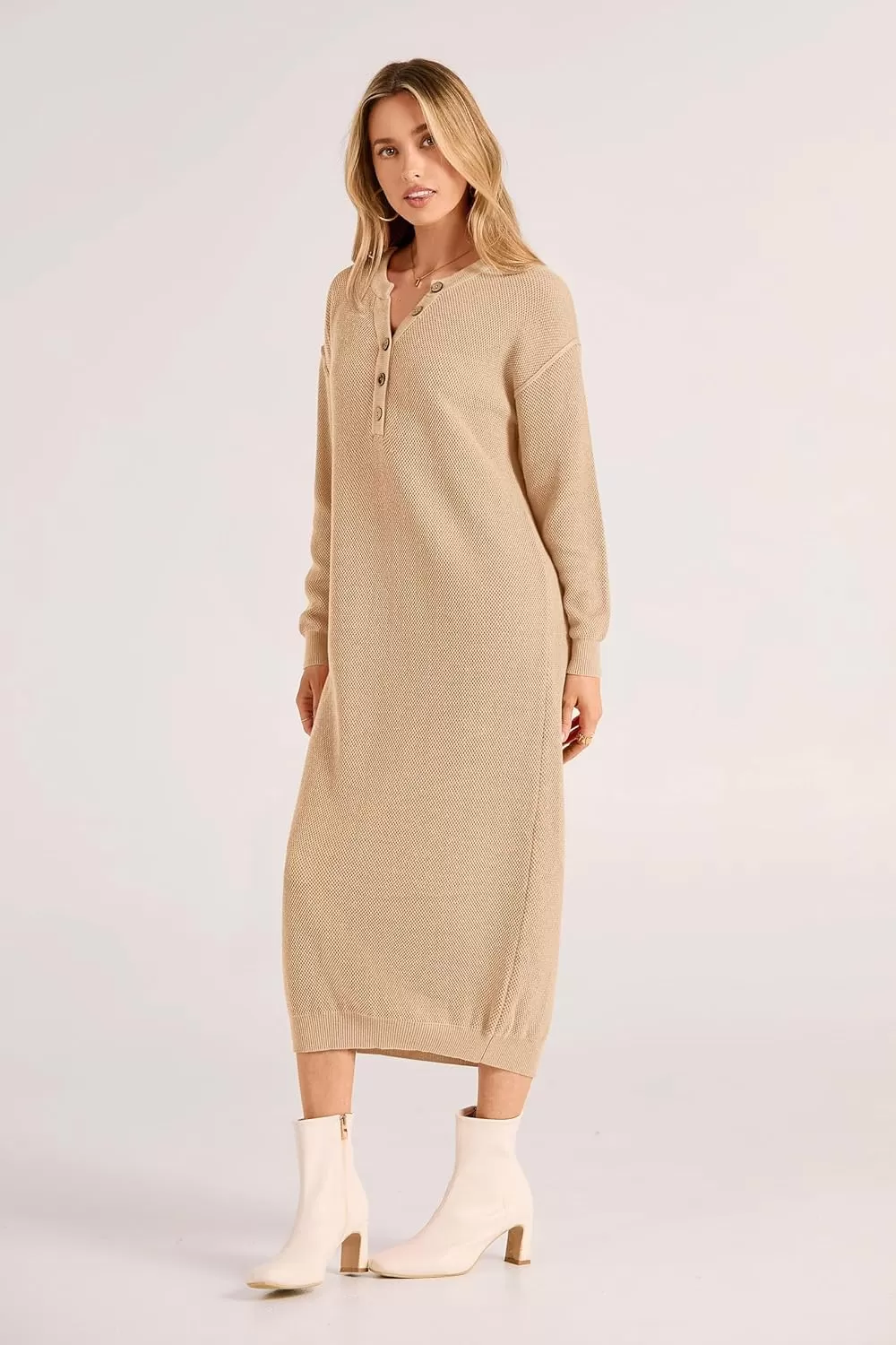 imagePRETTYGARDEN Womens 2024 Fall Knit Sweater Dress Long Sleeve Button V Neck Loose Casual Maxi DressesBeige