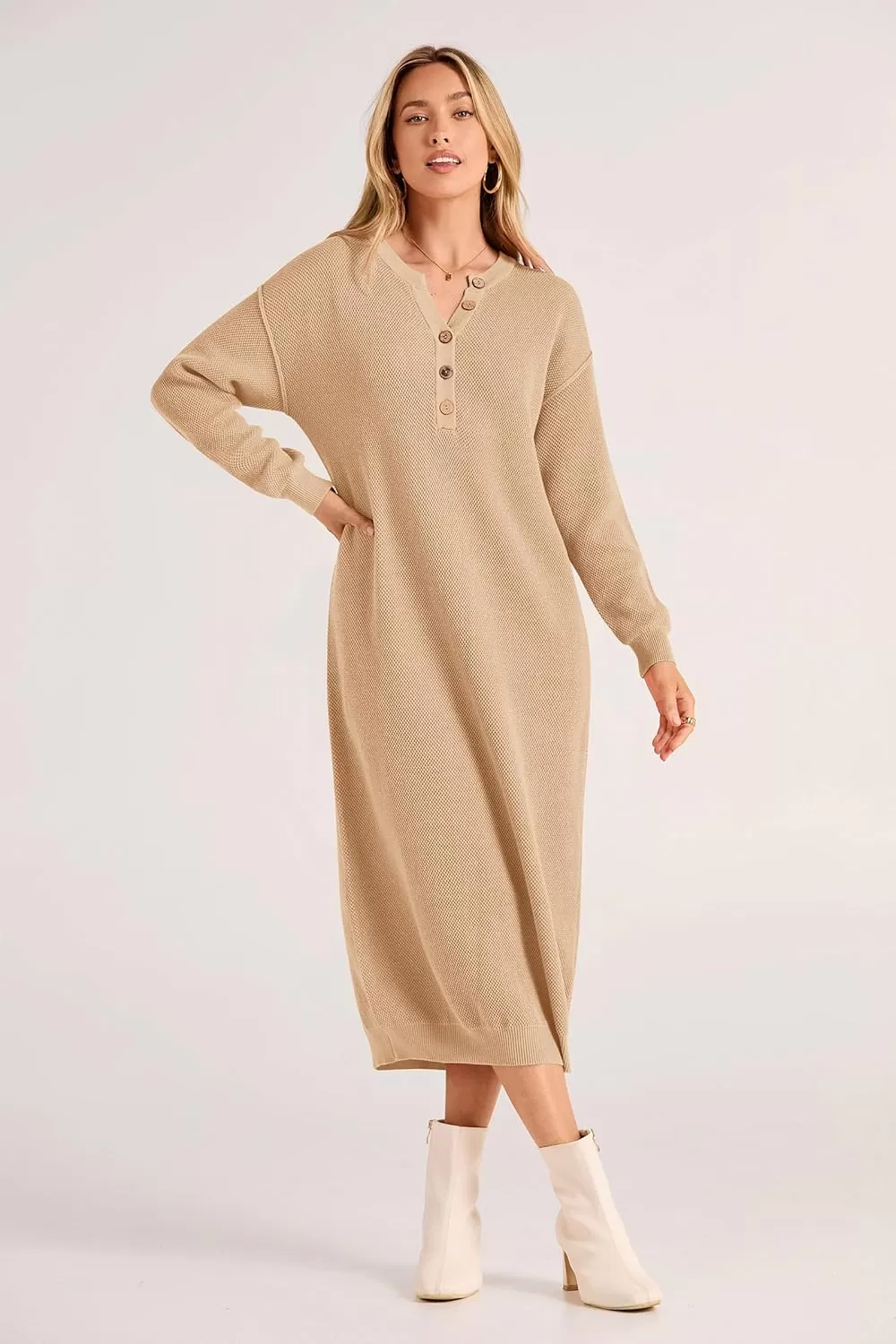 imagePRETTYGARDEN Womens 2024 Fall Knit Sweater Dress Long Sleeve Button V Neck Loose Casual Maxi DressesBeige