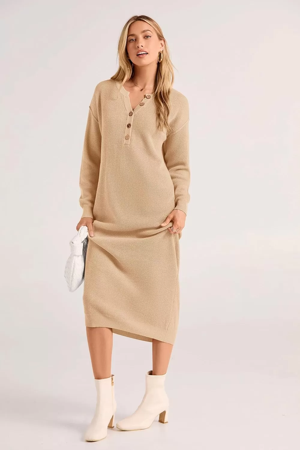 imagePRETTYGARDEN Womens 2024 Fall Knit Sweater Dress Long Sleeve Button V Neck Loose Casual Maxi DressesBeige