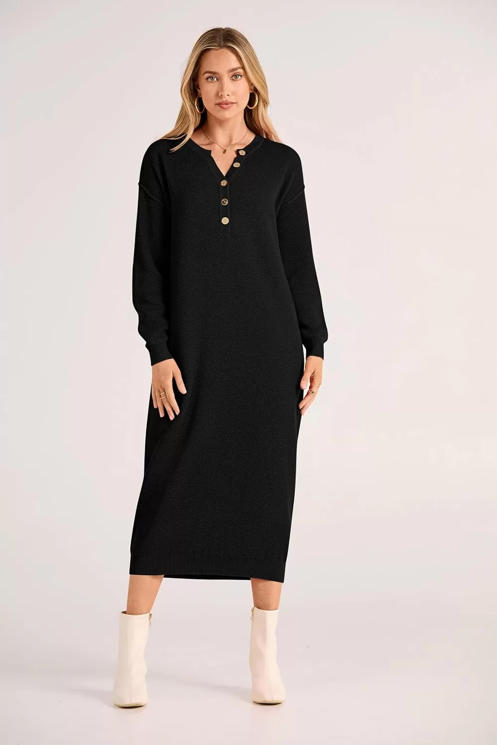 imagePRETTYGARDEN Womens 2024 Fall Knit Sweater Dress Long Sleeve Button V Neck Loose Casual Maxi DressesBlack