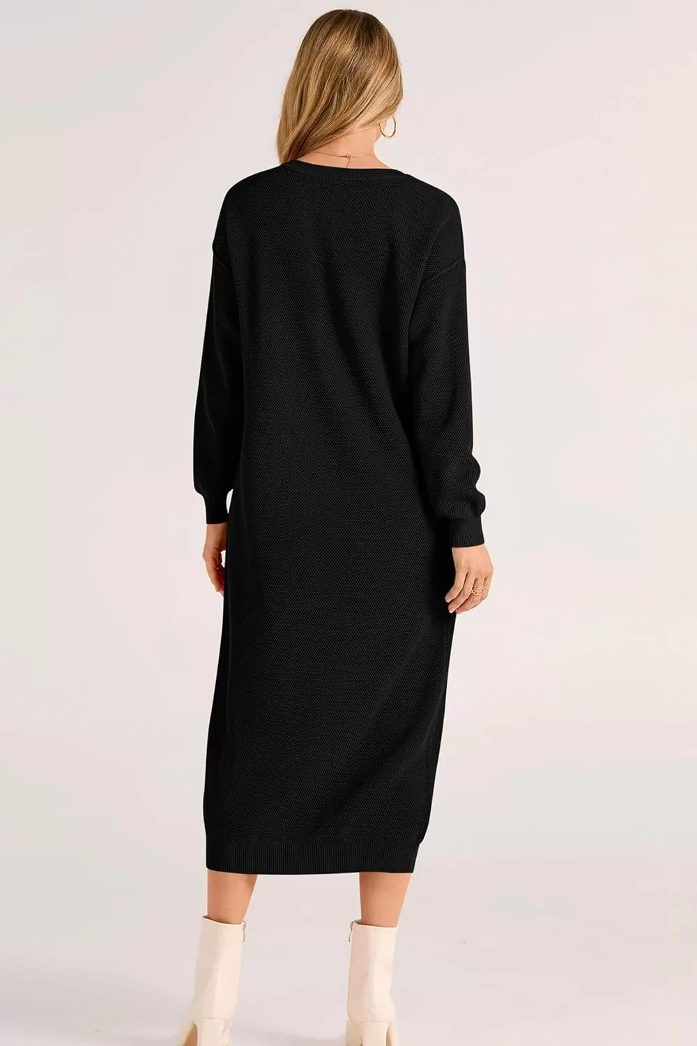 imagePRETTYGARDEN Womens 2024 Fall Knit Sweater Dress Long Sleeve Button V Neck Loose Casual Maxi DressesBlack
